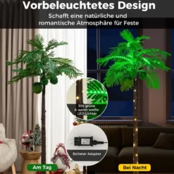 180 cm Künstliche beleuchtete Palme mit 309 LED-Lichtern & 3 Kokosnüssen & Wasserbeutel
