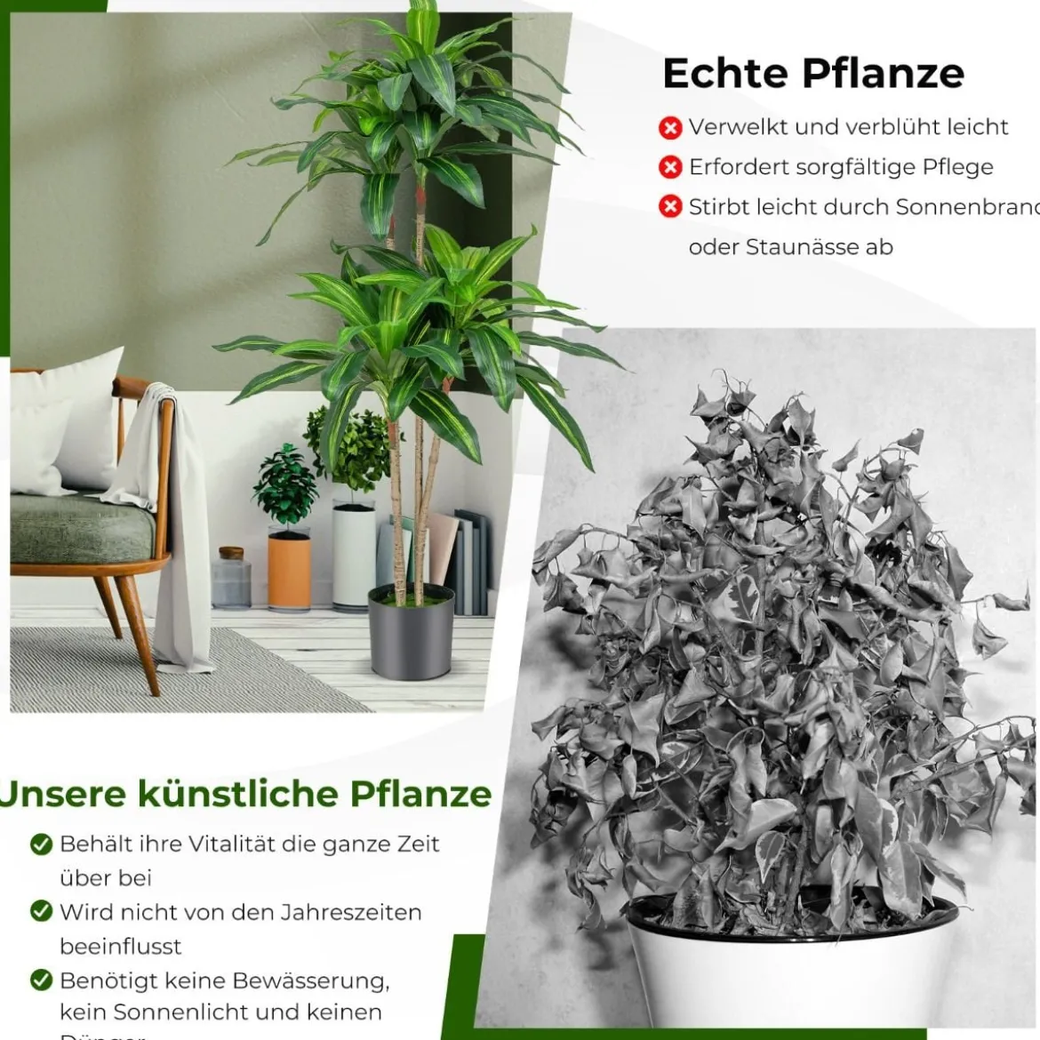 140 cm Künstliche Pflanze Dracena mit Topf & 92 Blättern Kunstpflanze Kunstbaum Palme Grün