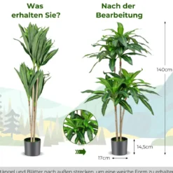 140 cm Künstliche Pflanze Dracena mit Topf & 92 Blättern Kunstpflanze Kunstbaum Palme Grün