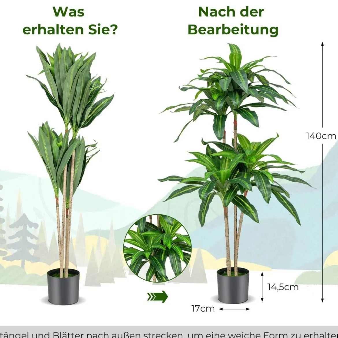 140 cm Künstliche Pflanze Dracena mit Topf & 92 Blättern Kunstpflanze Kunstbaum Palme Grün