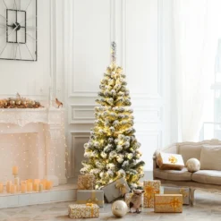 135 cm künstlicher Bleistift-Weihnachtsbaum mit Schnee und 150 LED-Lichtern
