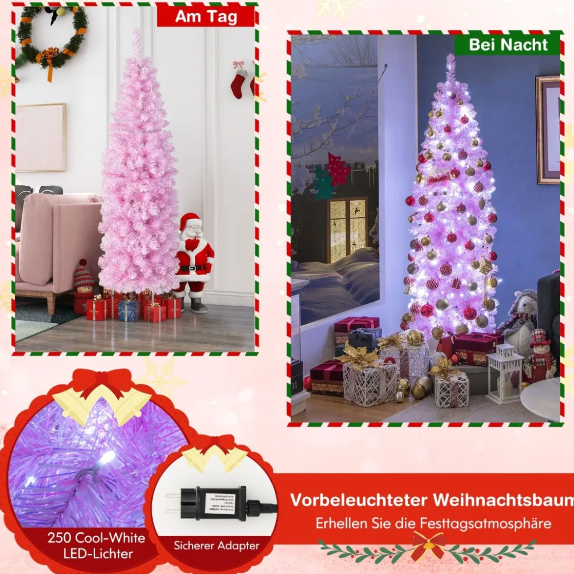 180 cm Künstlicher Bleistift Weihnachtsbaum mit 250 Kaltweißen LEDs Schlank Christbaum Rosa