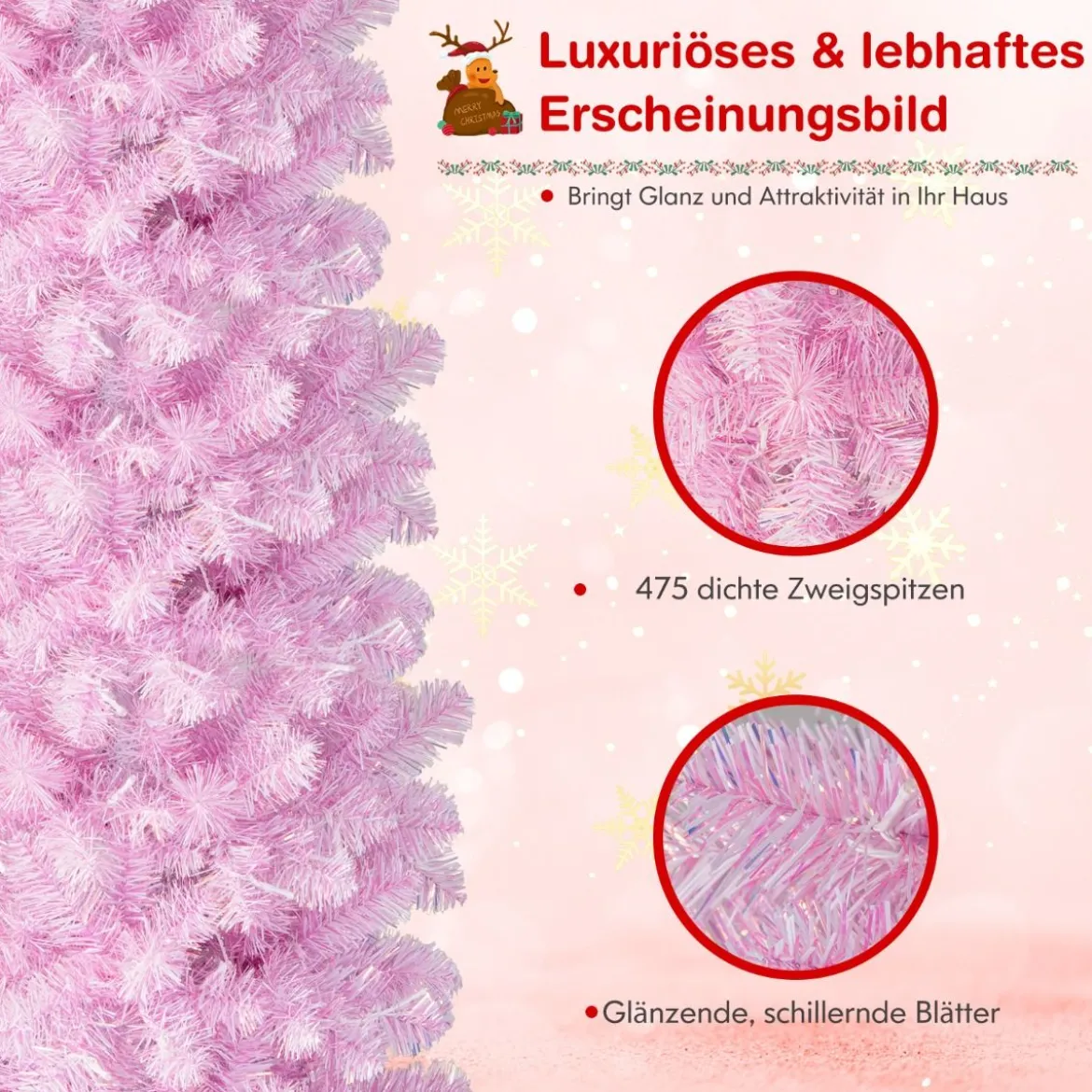 180 cm Künstlicher Bleistift Weihnachtsbaum mit 250 Kaltweißen LEDs Schlank Christbaum Rosa