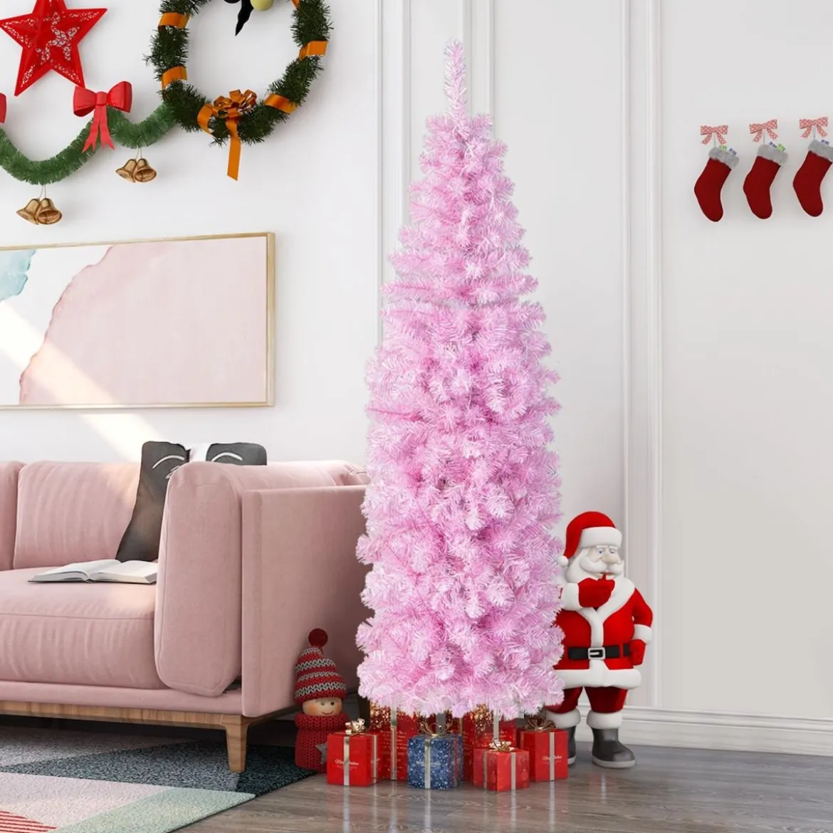 180 cm Künstlicher Bleistift Weihnachtsbaum mit 250 Kaltweißen LEDs Schlank Christbaum Rosa
