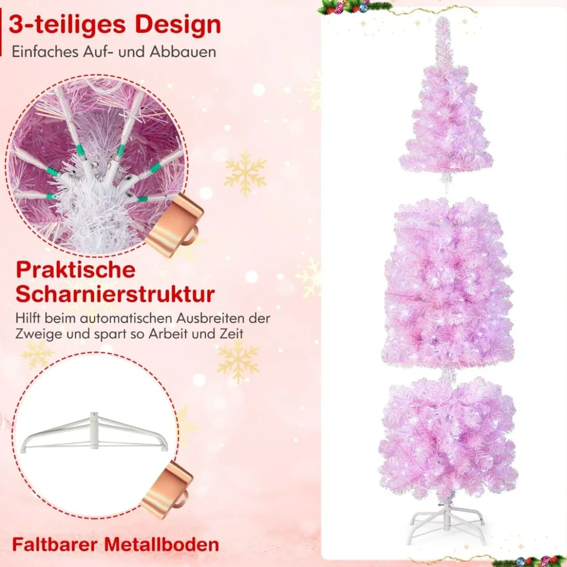 180 cm Künstlicher Bleistift Weihnachtsbaum mit 250 Kaltweißen LEDs Schlank Christbaum Rosa