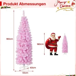 180 cm Künstlicher Bleistift Weihnachtsbaum mit 250 Kaltweißen LEDs Schlank Christbaum Rosa