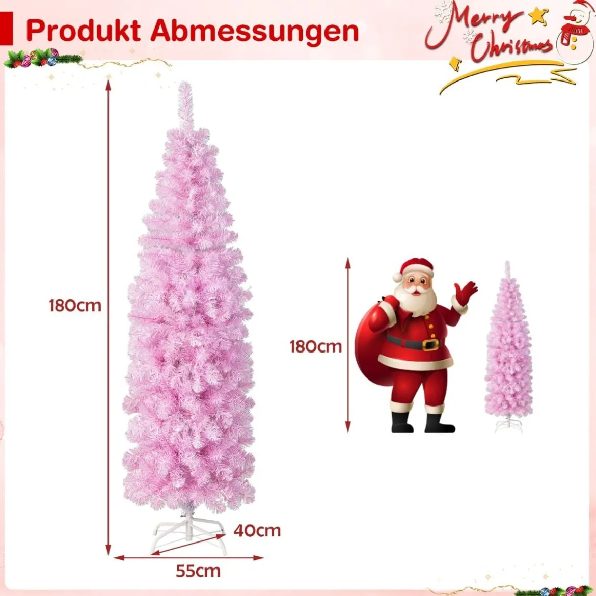 180 cm Künstlicher Bleistift Weihnachtsbaum mit 250 Kaltweißen LEDs Schlank Christbaum Rosa