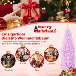 180 cm Künstlicher Bleistift Weihnachtsbaum mit 250 Kaltweißen LEDs Schlank Christbaum Rosa