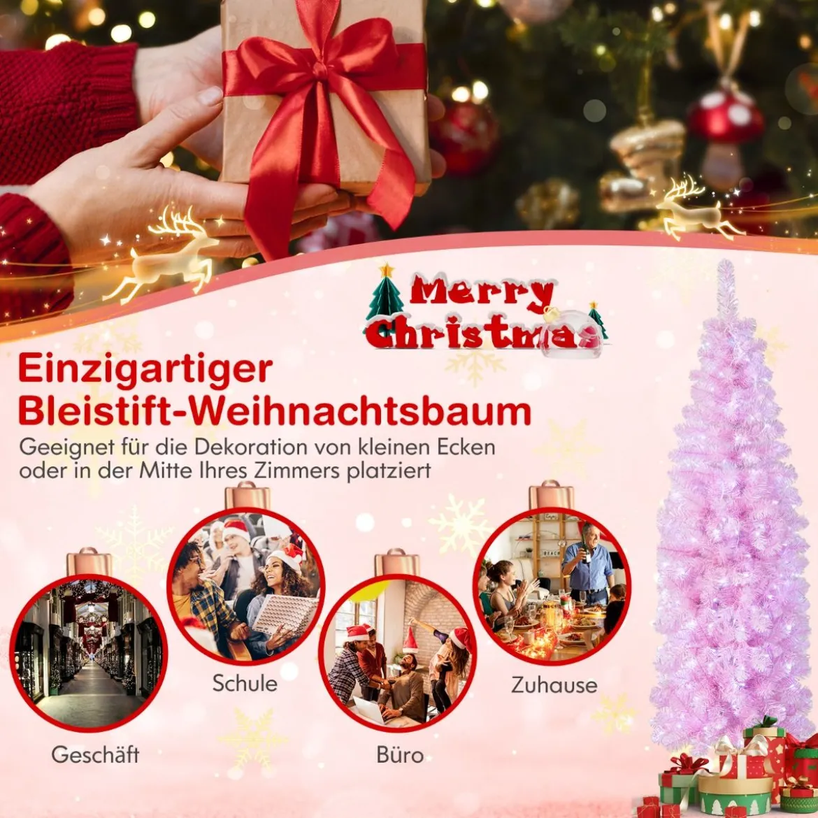 180 cm Künstlicher Bleistift Weihnachtsbaum mit 250 Kaltweißen LEDs Schlank Christbaum Rosa