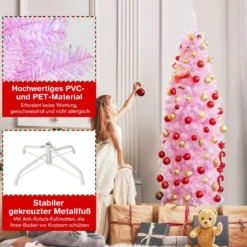 180 cm Künstlicher Bleistift Weihnachtsbaum mit 250 Kaltweißen LEDs Schlank Christbaum Rosa