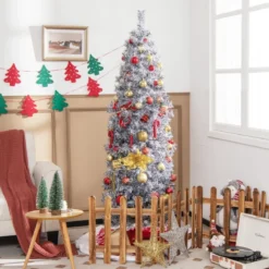 180 cm Künstlicher Bleistift Weihnachtsbaum mit 250 Kaltweißen LEDs Schlank Weiß + Schwarz