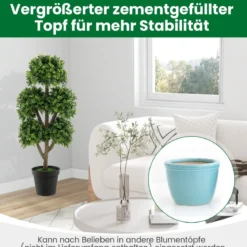 115 cm Künstlicher Buchsbaum im Topf mit 5 Kugeln Kunstpflanze Dekopflanze Kugelbaum