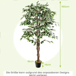 160 cm Künstlicher Ficus-Baum mit 1008 Blättern & Natürlichem Holzstamm & Stabiler Blumentopf