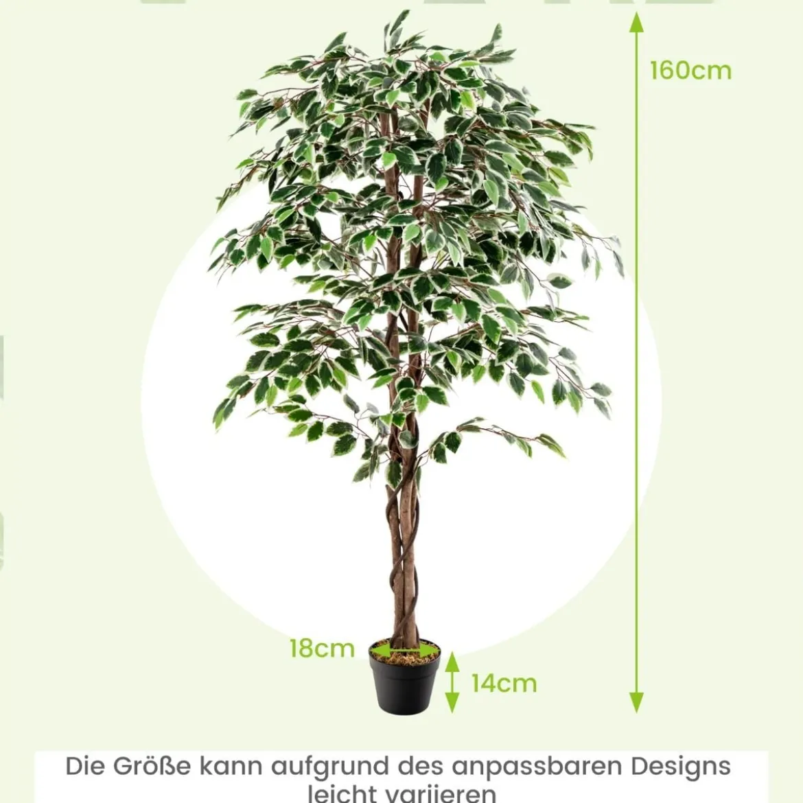 160 cm Künstlicher Ficus-Baum mit 1008 Blättern & Natürlichem Holzstamm & Stabiler Blumentopf