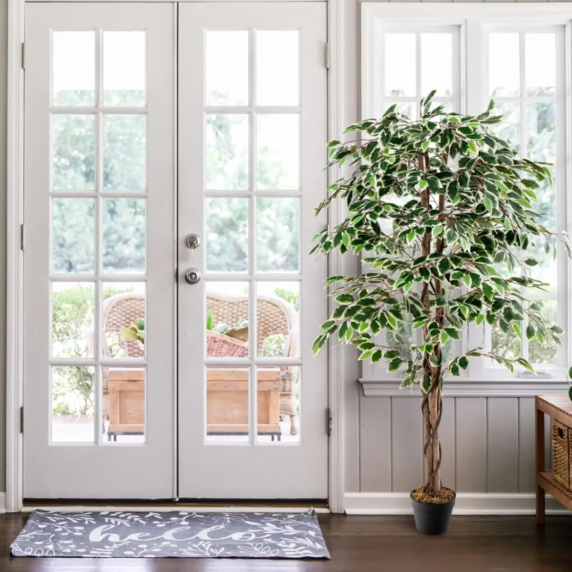 160 cm Künstlicher Ficus-Baum mit 1008 Blättern & Natürlichem Holzstamm & Stabiler Blumentopf