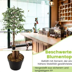 160 cm Künstlicher Ficus-Baum mit 1008 Blättern & Natürlichem Holzstamm & Stabiler Blumentopf