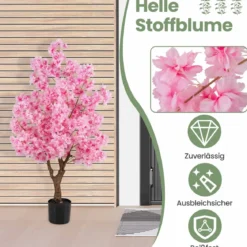 120 cm Künstlicher Kirschblütenbaum Faux blühender Blumenbaum mit Rosa Blüten mehrzweig PE-Stamm