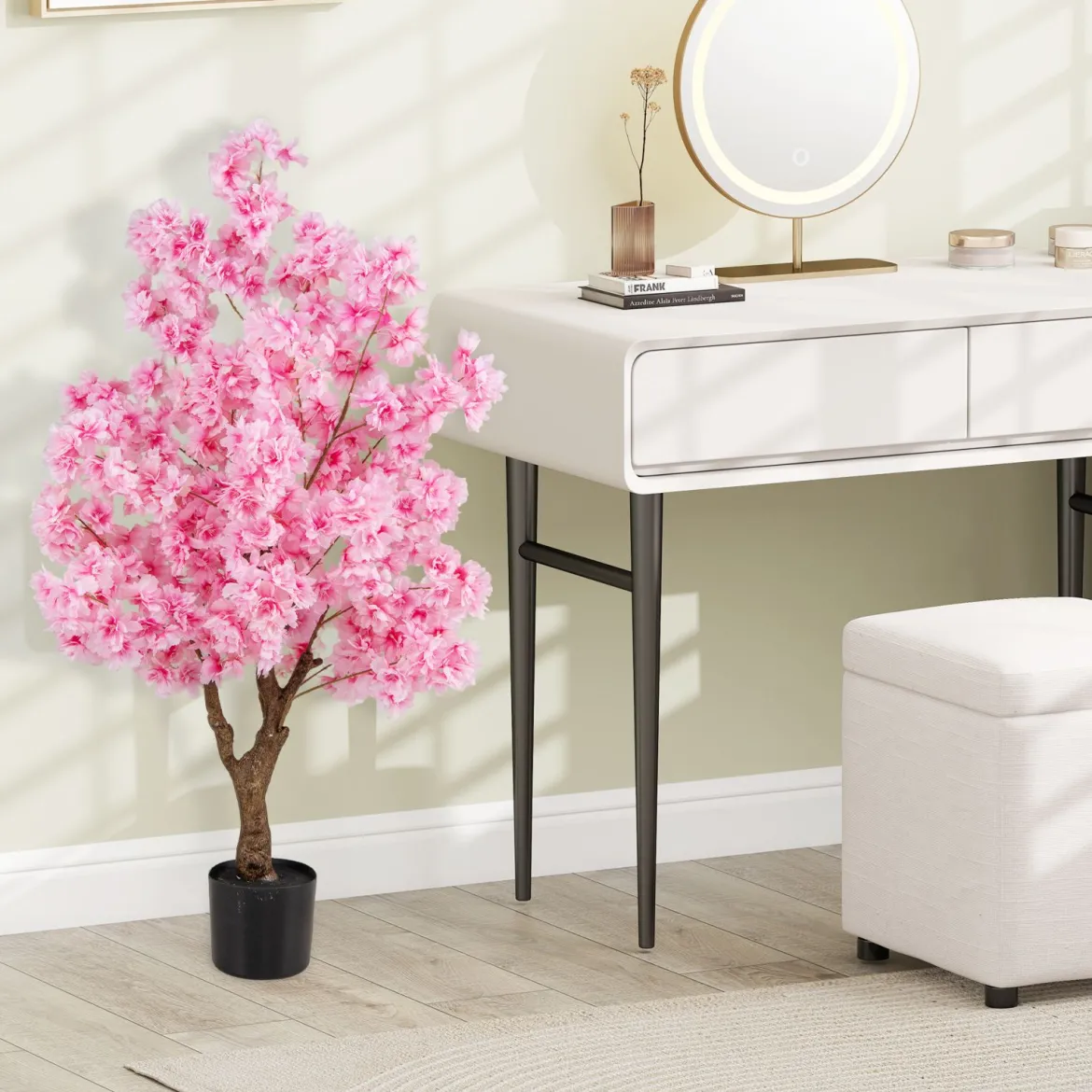 120 cm Künstlicher Kirschblütenbaum Faux blühender Blumenbaum mit Rosa Blüten mehrzweig PE-Stamm