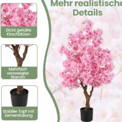 120 cm Künstlicher Kirschblütenbaum Faux blühender Blumenbaum mit Rosa Blüten mehrzweig PE-Stamm