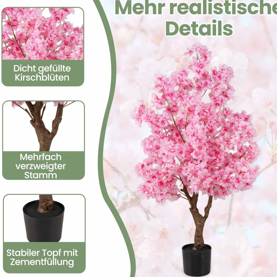 120 cm Künstlicher Kirschblütenbaum Faux blühender Blumenbaum mit Rosa Blüten mehrzweig PE-Stamm