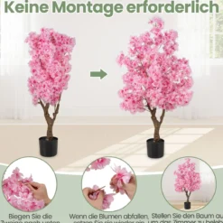 120 cm Künstlicher Kirschblütenbaum Faux blühender Blumenbaum mit Rosa Blüten mehrzweig PE-Stamm