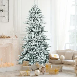210 cm Künstlicher Schneebedeckter Bleistift Weihnachtsbaum mit Kiefernzapfen Grün + Weiß