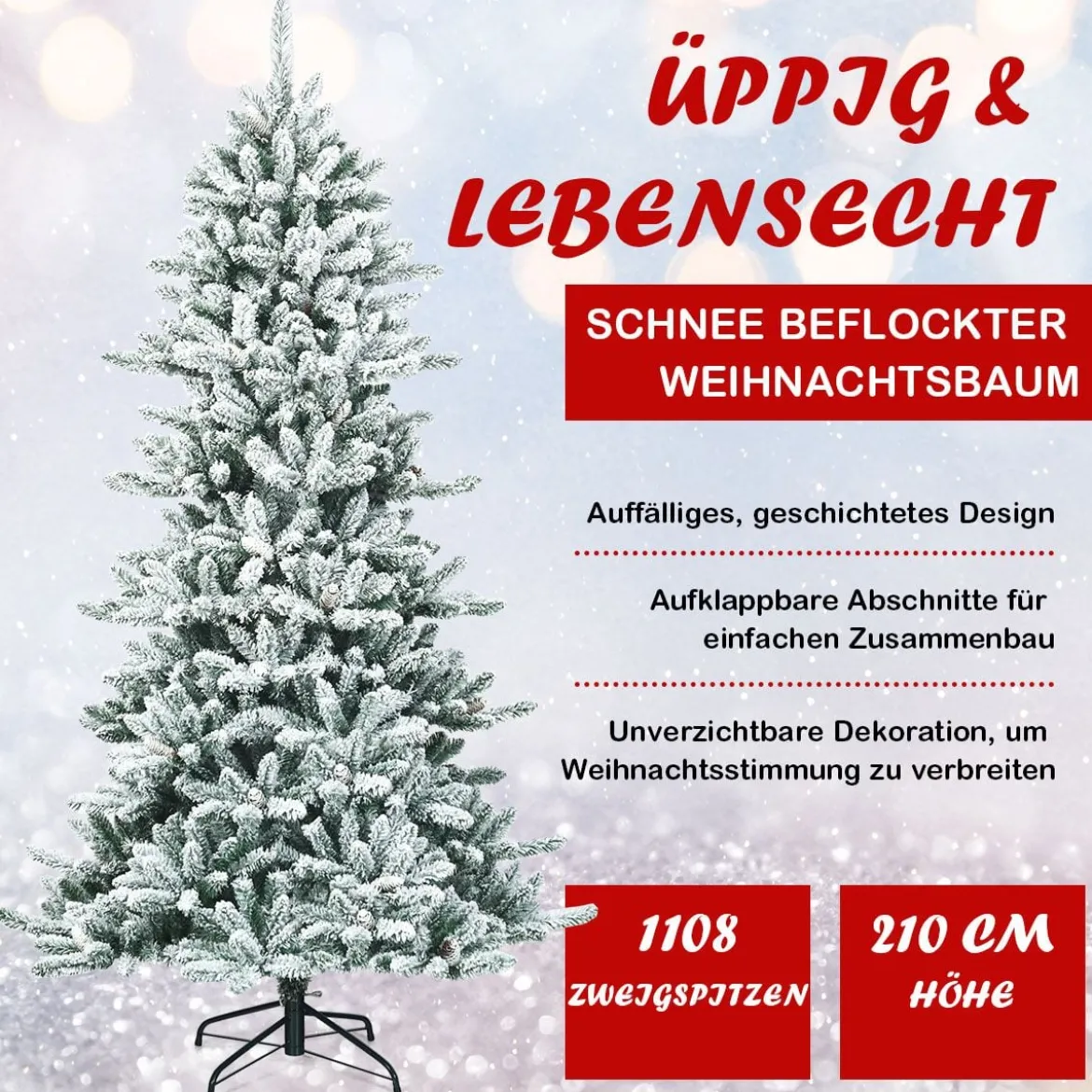210 cm Künstlicher Schneebedeckter Bleistift Weihnachtsbaum mit Kiefernzapfen Grün + Weiß