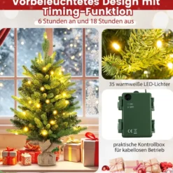 60 cm Künstlicher Tisch Weihnachtsbaum mit LED-Leuchten und Timer-Funktion Grün
