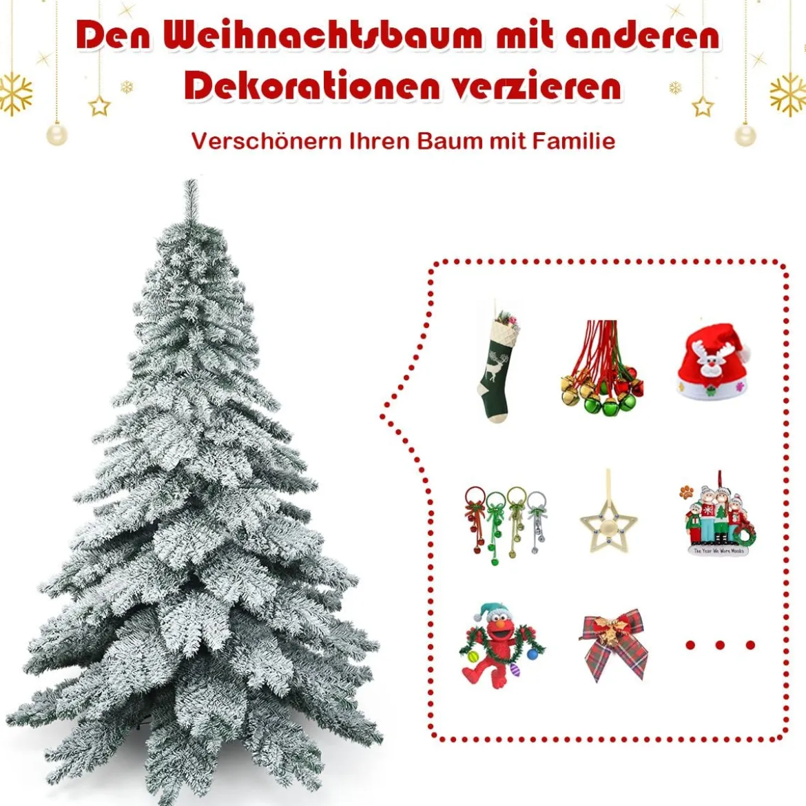 225 cm Künstlicher Weihnachtsbaum mit Schnee Tannenbaum mit Metallständer Grün + Weiß