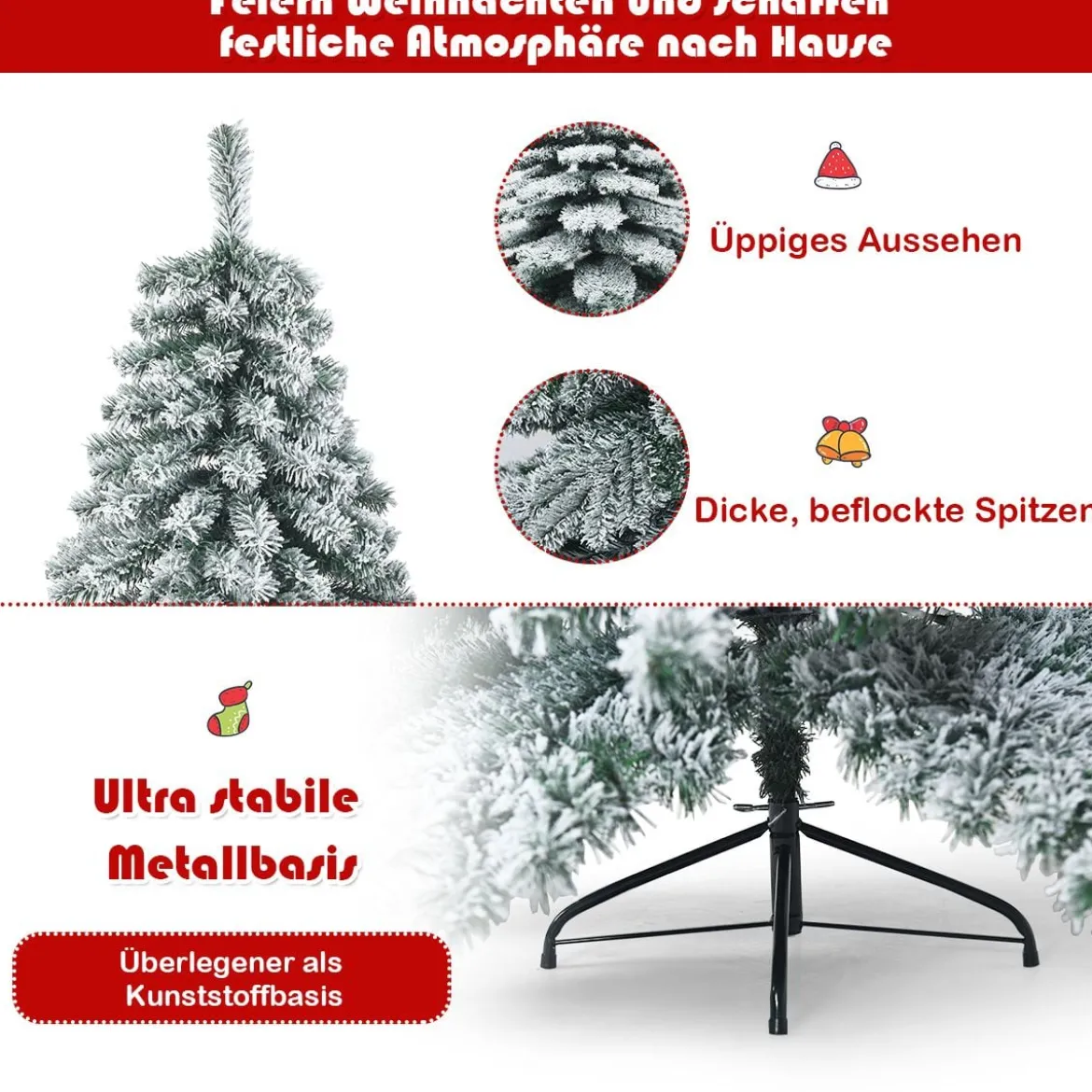225 cm Künstlicher Weihnachtsbaum mit Schnee Tannenbaum mit Metallständer Grün + Weiß
