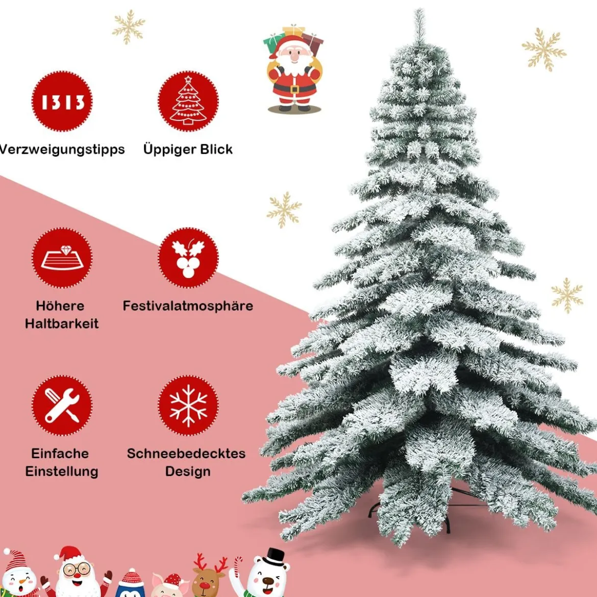 225 cm Künstlicher Weihnachtsbaum mit Schnee Tannenbaum mit Metallständer Grün + Weiß