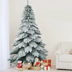 225 cm Künstlicher Weihnachtsbaum mit Schnee Tannenbaum mit Metallständer Grün + Weiß