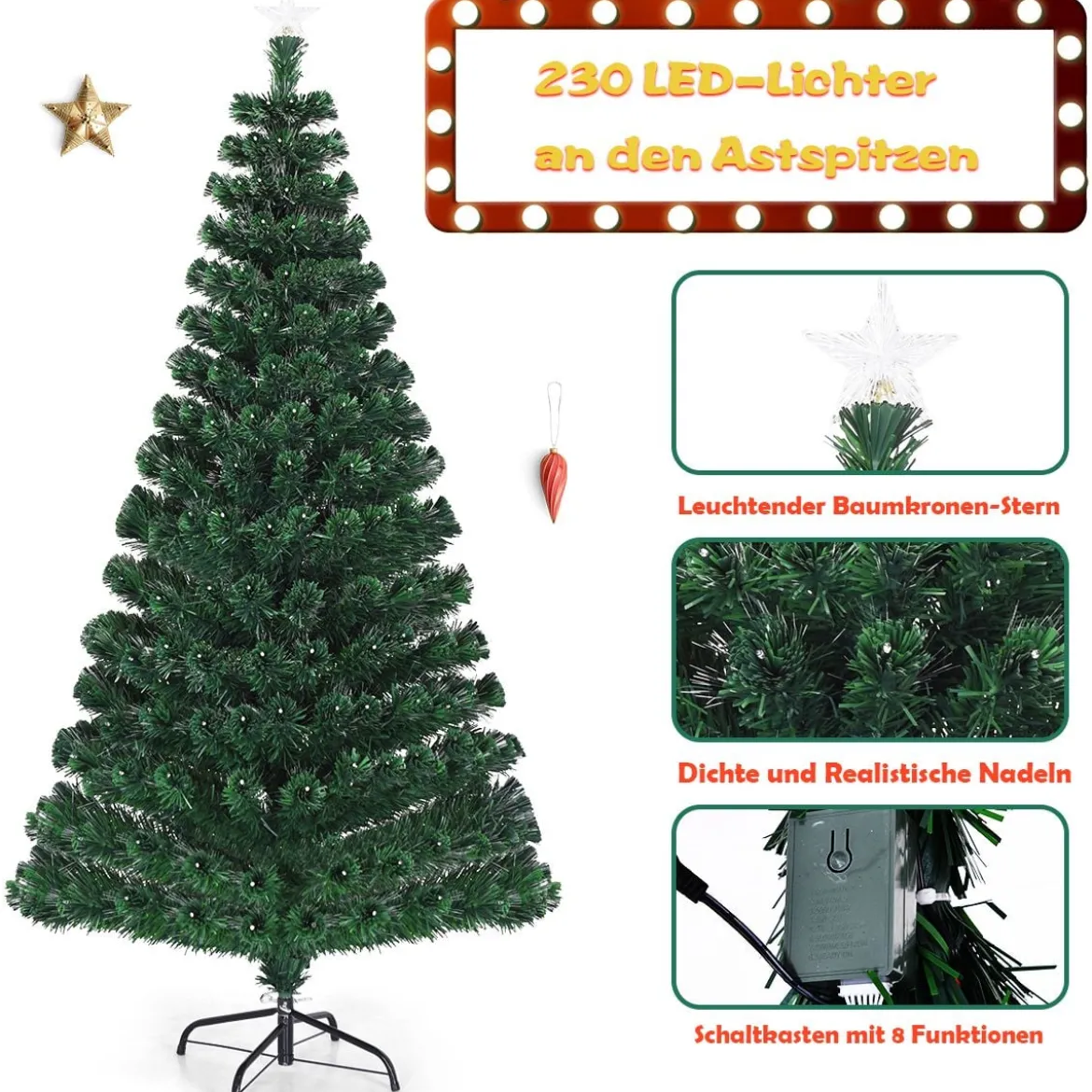 180 cm Künstlicher Weihnachtsbaum Beleuchteter Lichtleitfaser Baum mit LED Lichter Grün