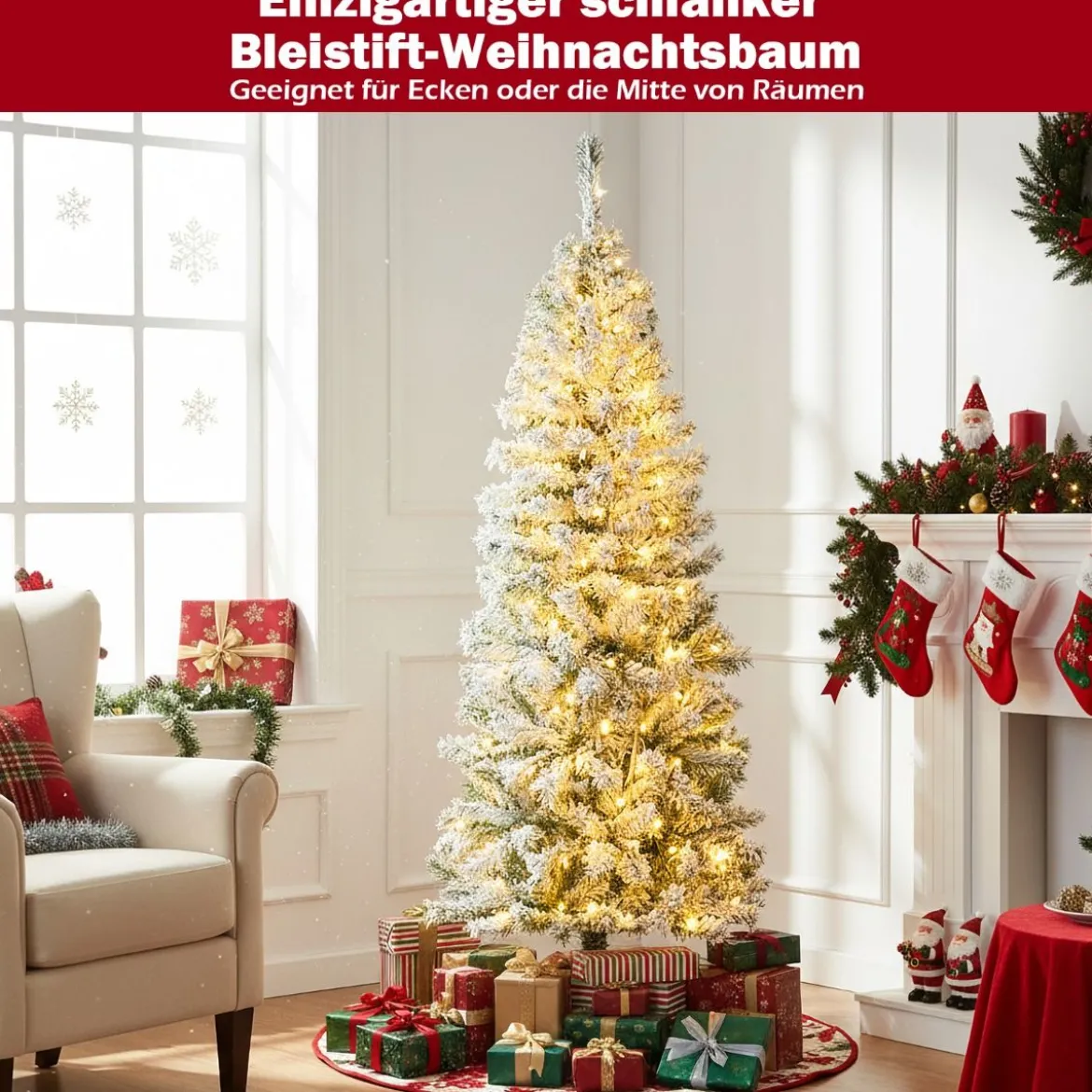 150 cm Künstlicher Weihnachtsbaum mit 180 Warmweißen LED-Lichtern & Schnee Bleistift Tannenbaum