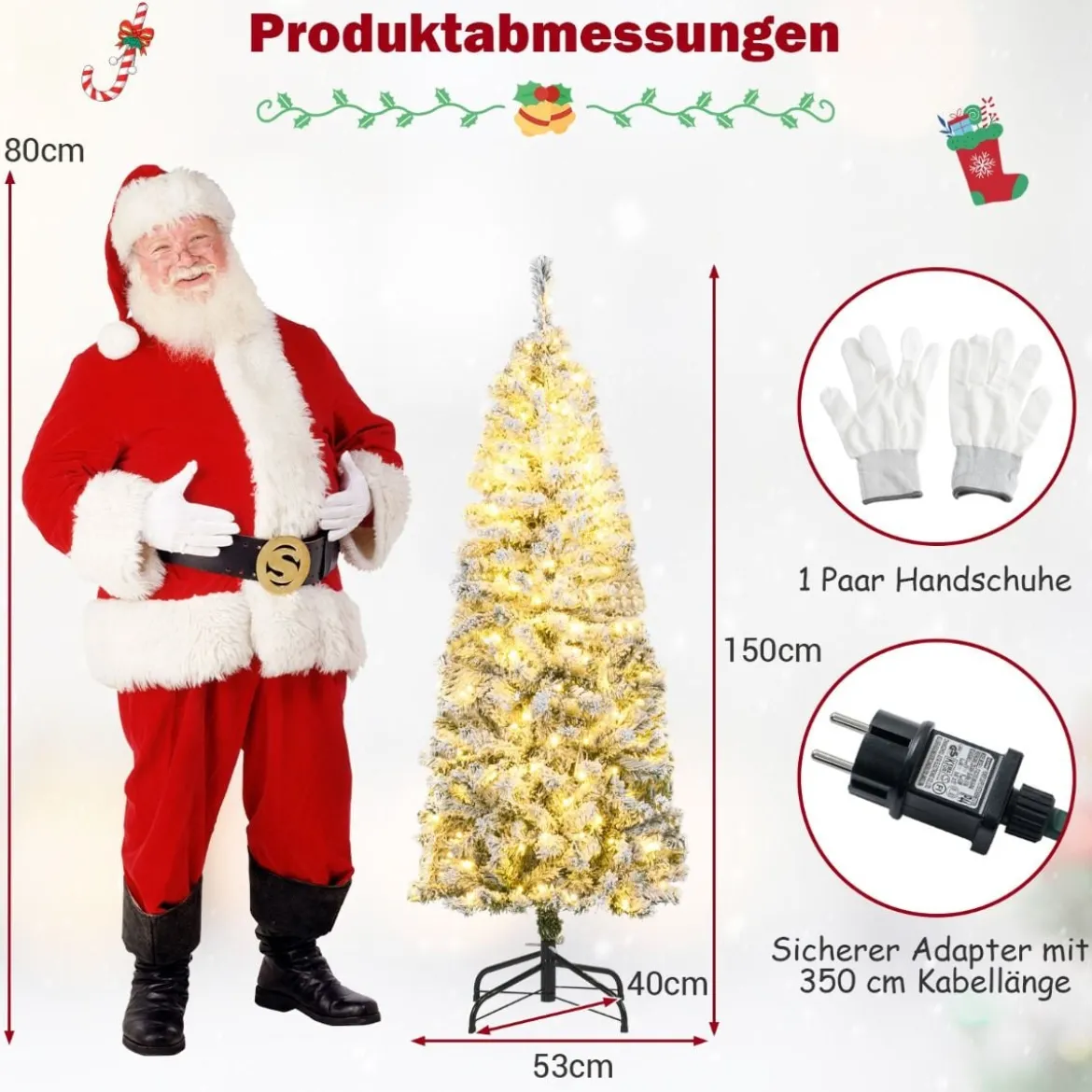 150 cm Künstlicher Weihnachtsbaum mit 180 Warmweißen LED-Lichtern & Schnee Bleistift Tannenbaum