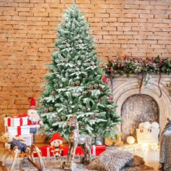 195 cm künstlicher Weihnachtsbaum Kiefer mit Schnee Kiefernzapfen & roten Beeren Grün