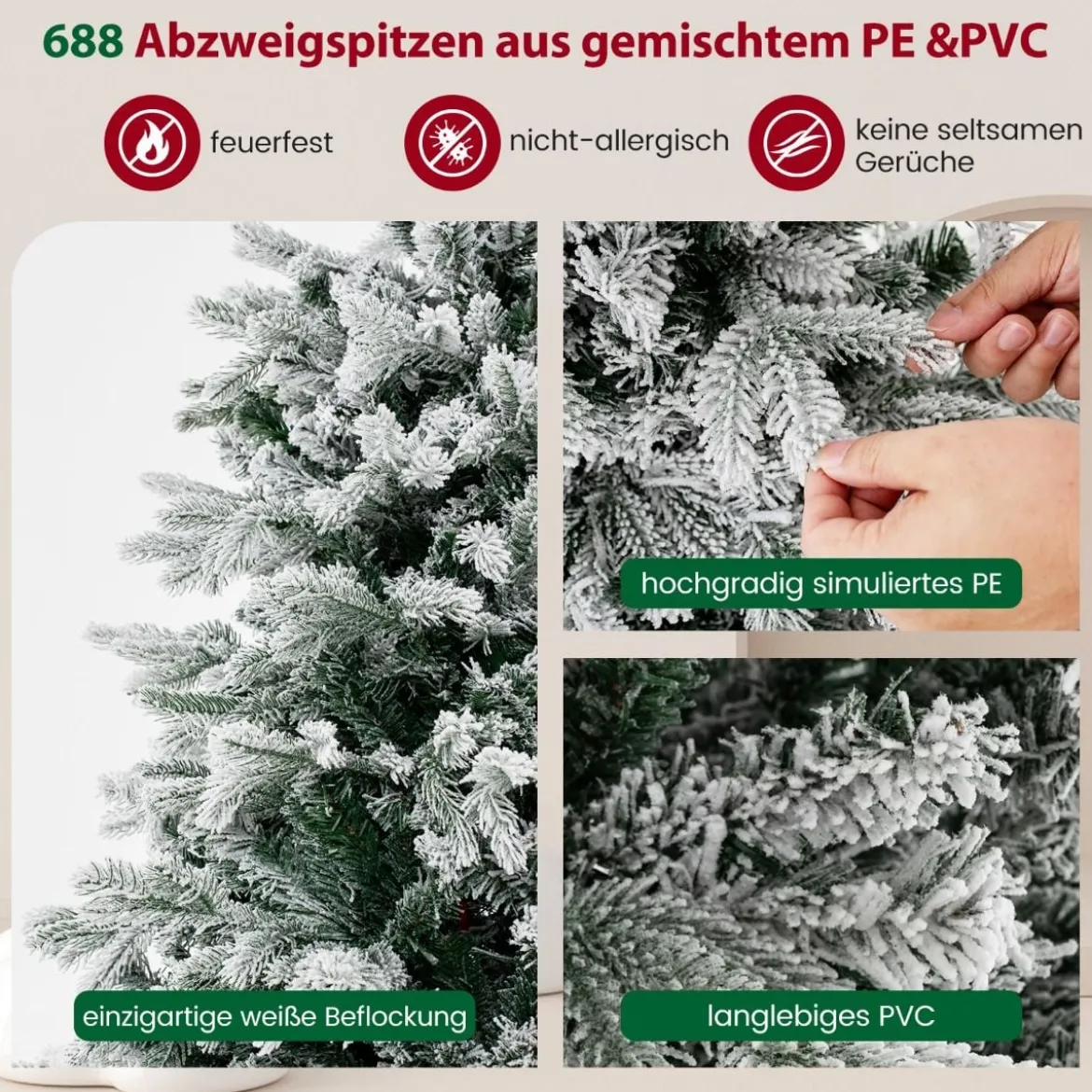 135 cm Künstlicher Weihnachtsbaum mit Schnee & 688 gemischten Zweigspitzen Tannenbaum