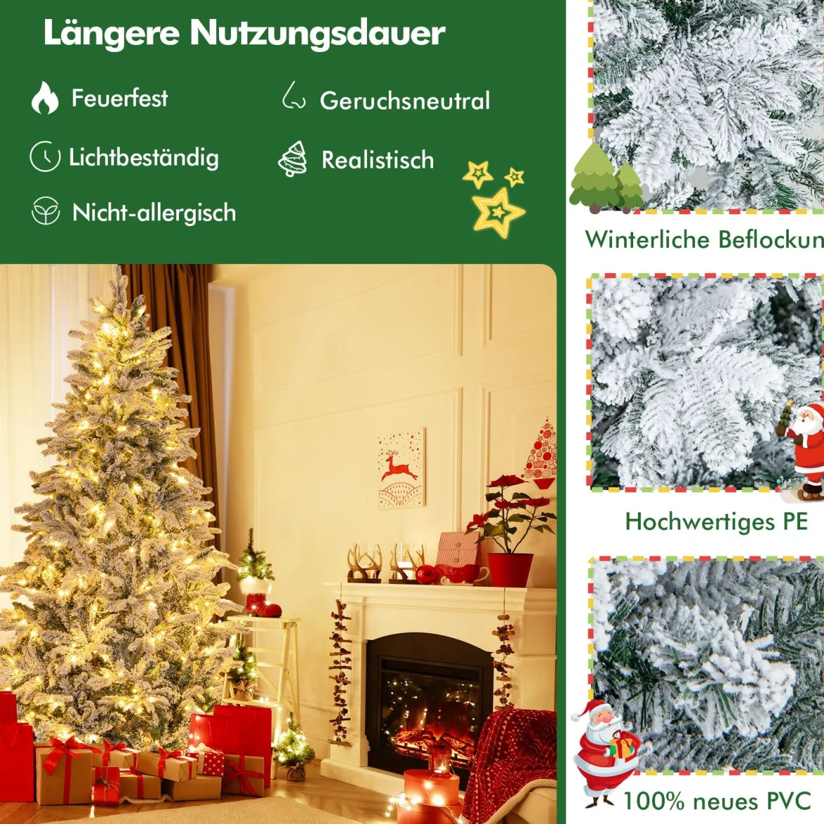 210 cm Künstlicher Weihnachtsbaum mit Beleuchtung und Schnee Tannenbaum mit 300 warmweißen LED-Lichtern
