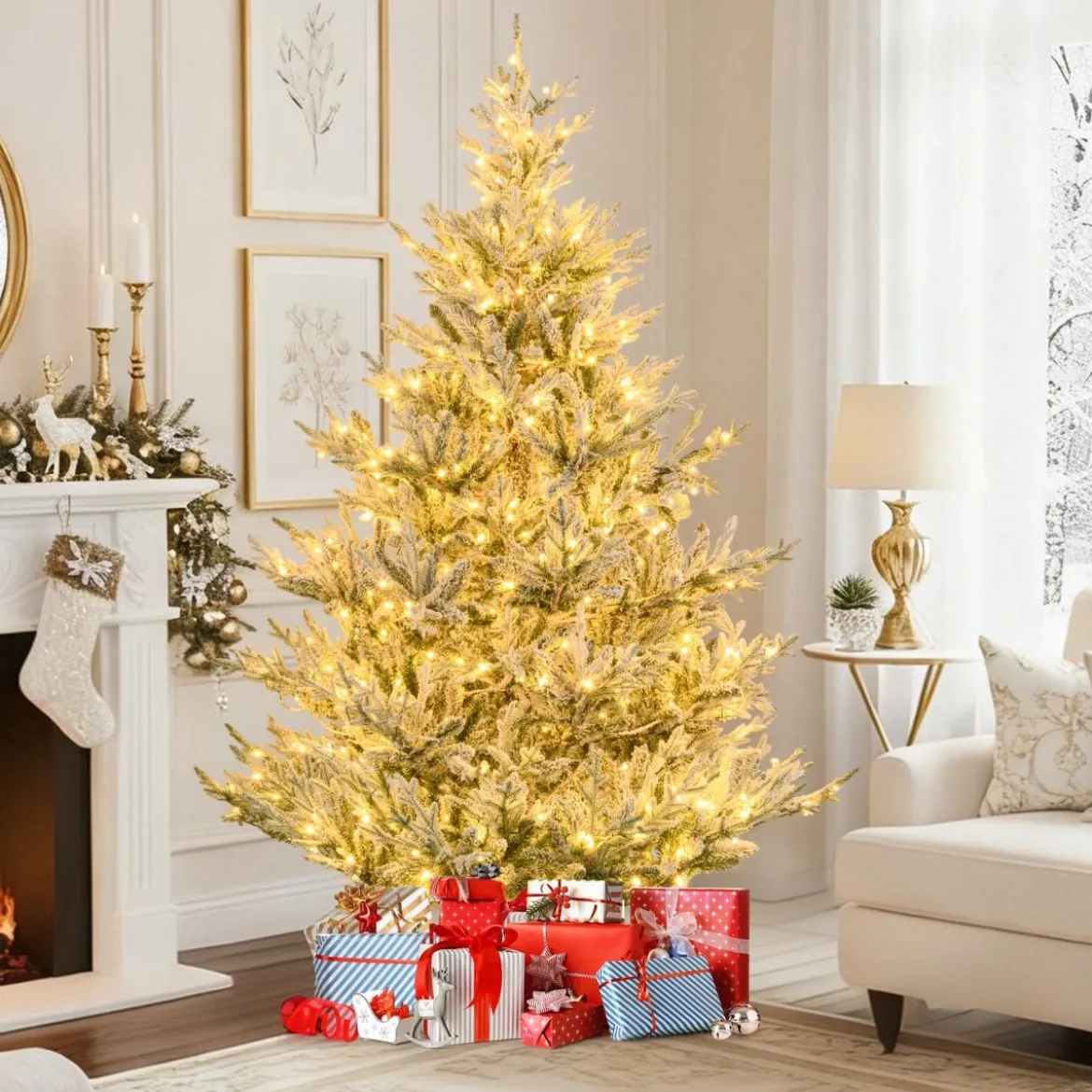 210 cm Künstlicher Weihnachtsbaum mit Beleuchtung & Schnee Tannenbaum Christbaum Kunstbaum