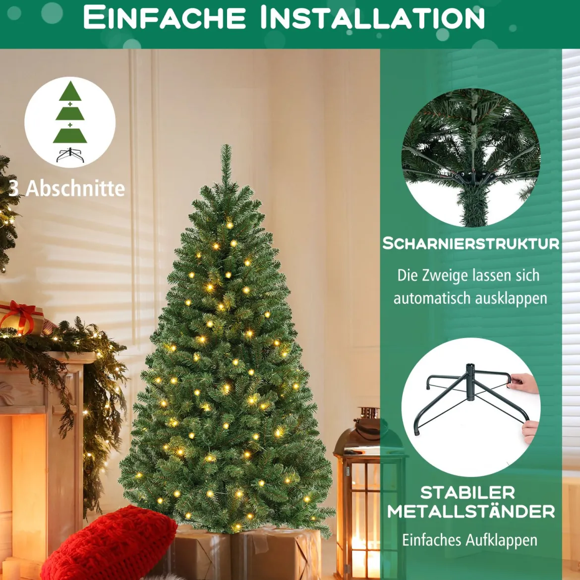 180cm künstlicher Weihnachtsbaum mit 568 PVC Zweigspitzen & 200 LED-Lichtern Festtagsbaum