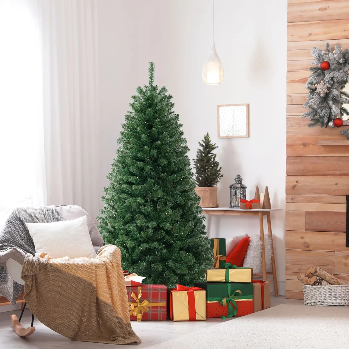 180cm künstlicher Weihnachtsbaum mit 568 PVC Zweigspitzen & 200 LED-Lichtern Festtagsbaum