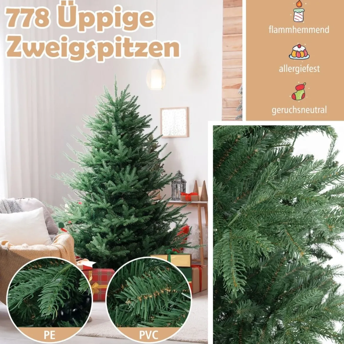 180 cm Künstlicher Weihnachtsbaum mit 240 Warmweißen LED Lichtern Tannenbaum
