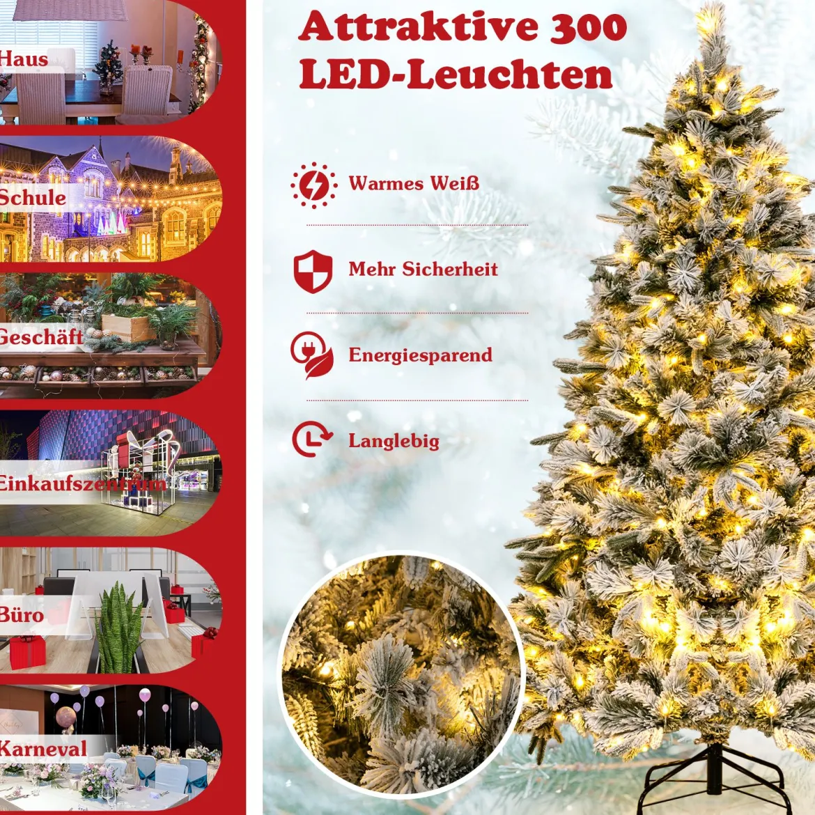 210 cm Künstlicher Weihnachtsbaum mit Schnee und Beleuchtung Tannenbaum mit 300 Warmweißen LED-Lichtern