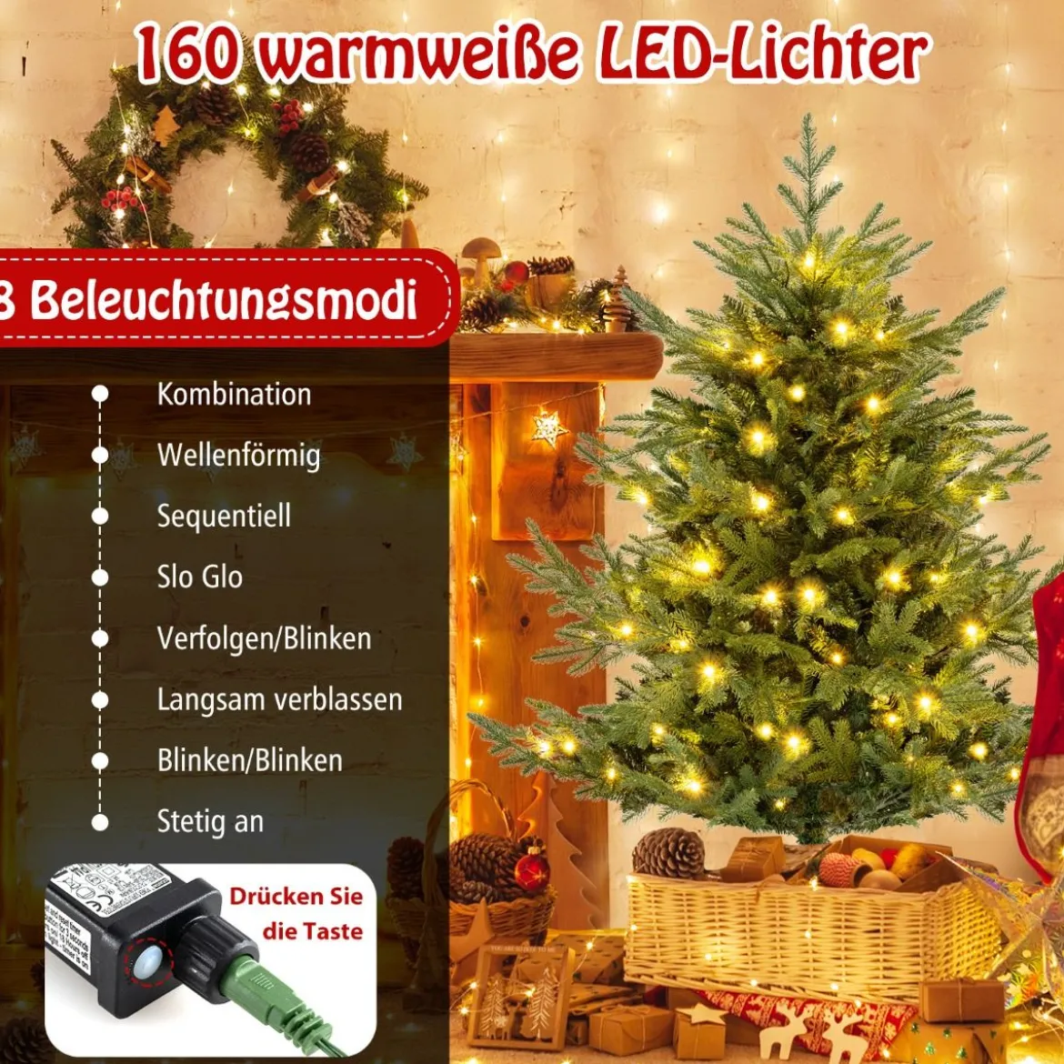 135 cm Künstlicher Weihnachtsbaum mit Beleuchtung Tannenbaum mit 160 warmweißen LED-Lichtern und 8 Lichtmodi
