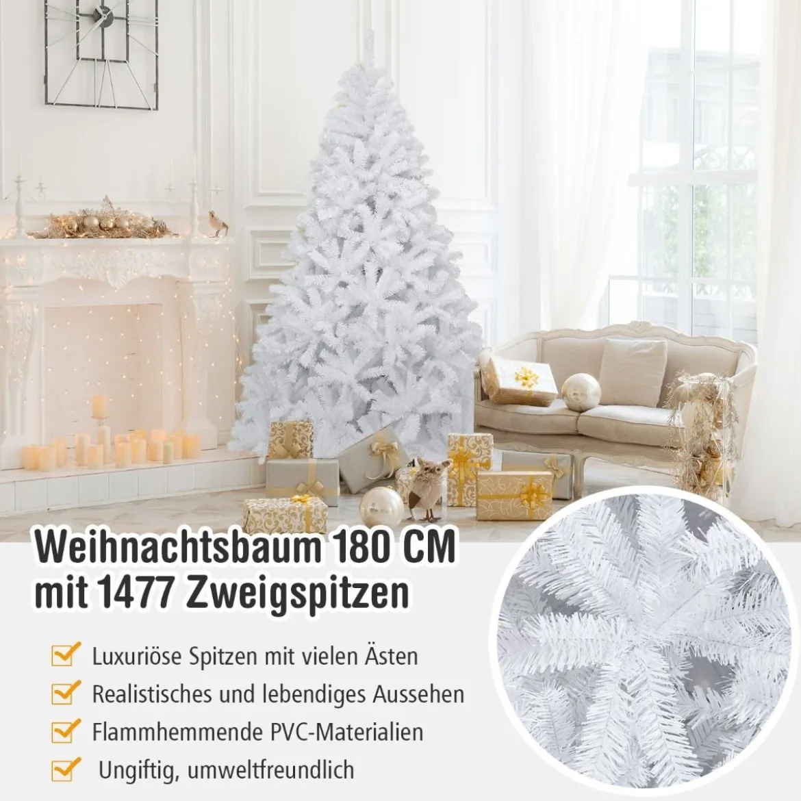 180 cm Künstlicher Weihnachtsbaum mit 1477 Zweigen Tannenbaum für Zuhause