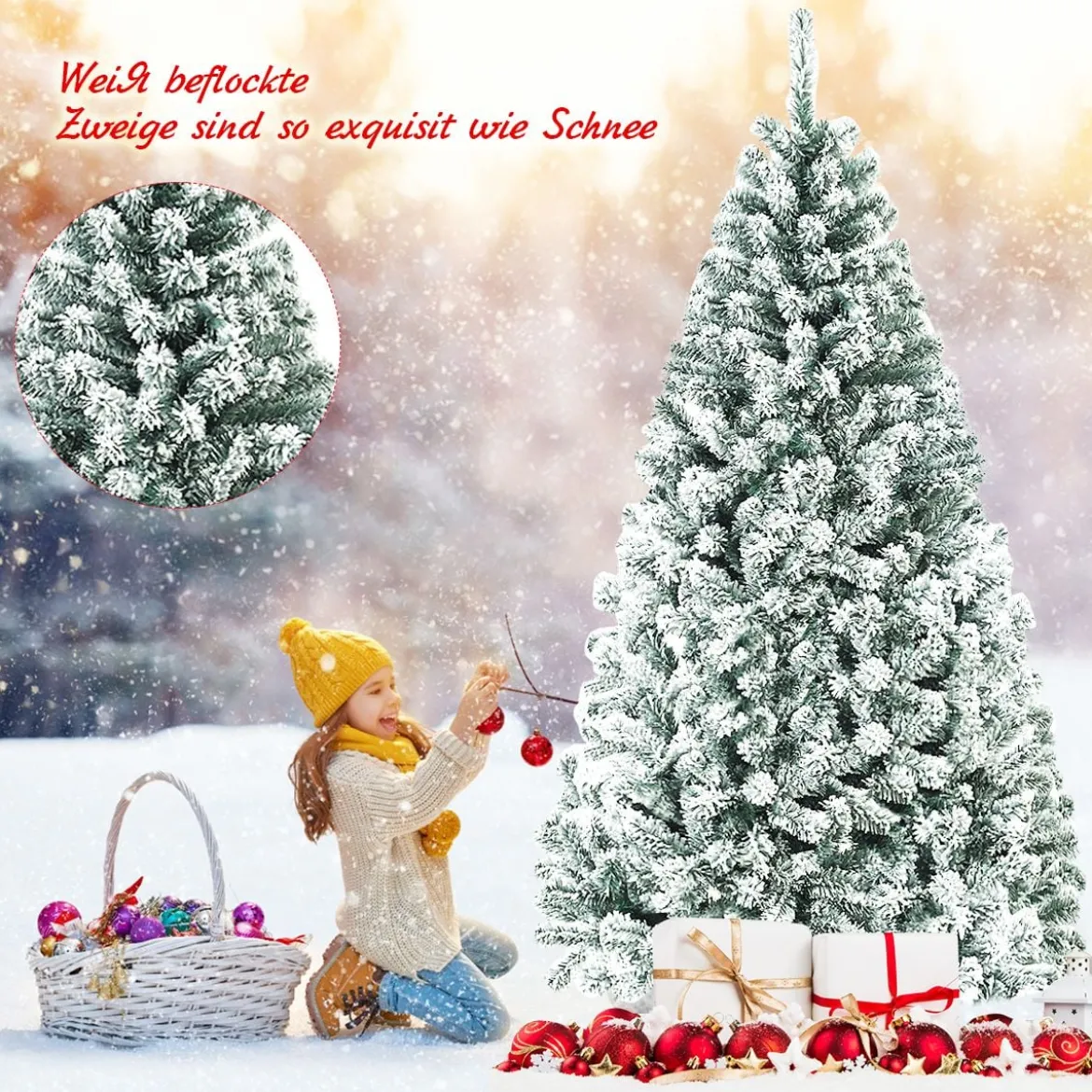 180cm Künstlicher Weihnachtsbaum mit Schnee & Metallständer & PVC Nadeln Tannenbaum