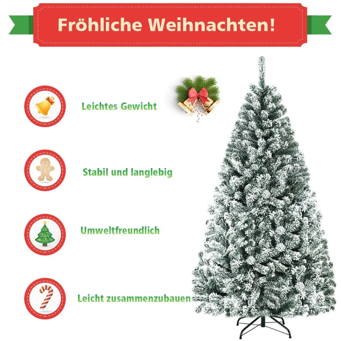 180cm Künstlicher Weihnachtsbaum mit Schnee & Metallständer & PVC Nadeln Tannenbaum