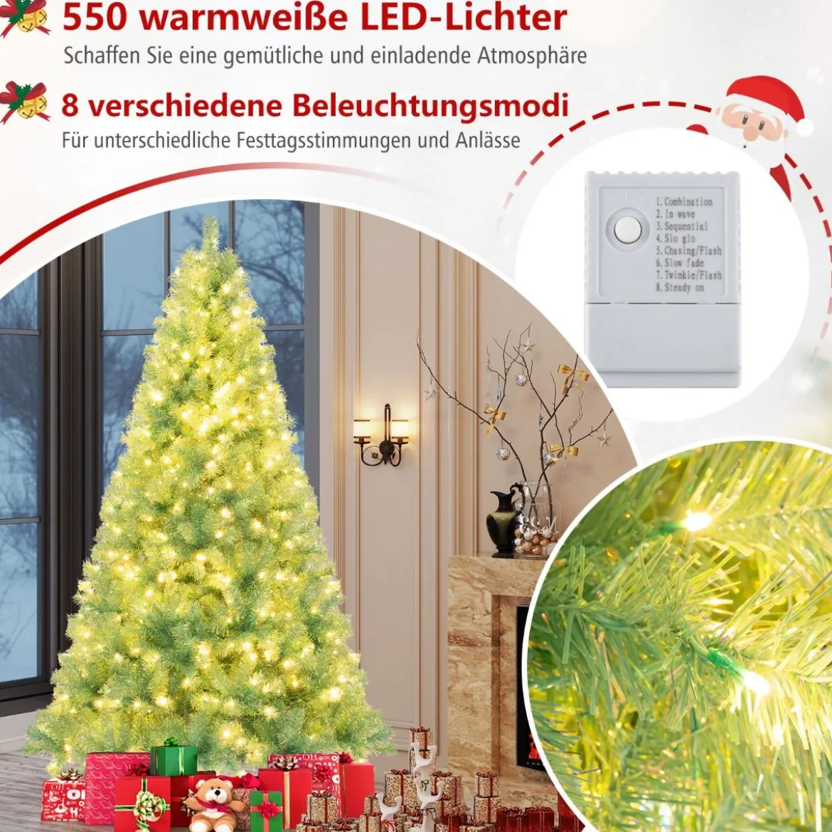 225 cm Künstlicher Weihnachtsbaum mit Beleuchtung Tannenbaum mit warmweißen LED-Lichtern Grün
