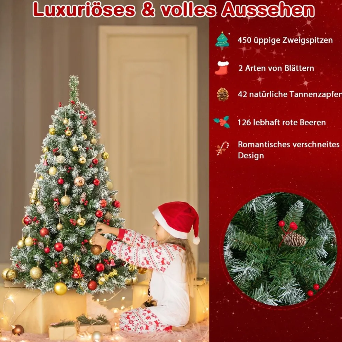 150 cm Künstlicher Weihnachtsbaum mit Beleuchtung & Schnee & Tannenzapfen & Roten Beeren