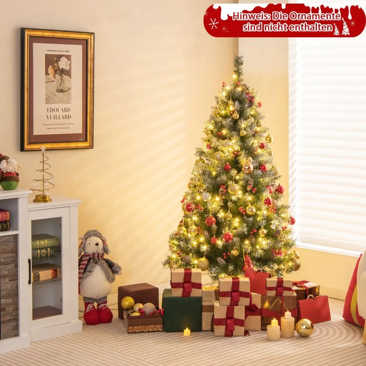 150 cm Künstlicher Weihnachtsbaum mit Beleuchtung & Schnee & Tannenzapfen & Roten Beeren